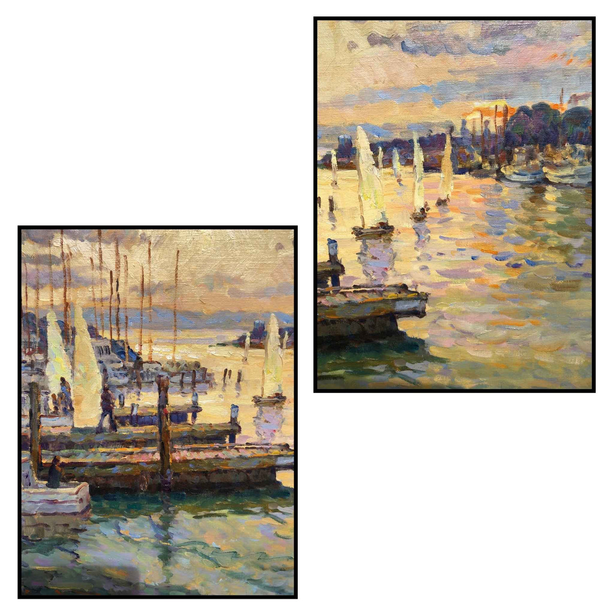 Two close-up views of Ion Brown’s End of the Day’s Sailing - Napier, showing sailboats, moorings and textured brushwork in golden, blue and green harbour reflections.