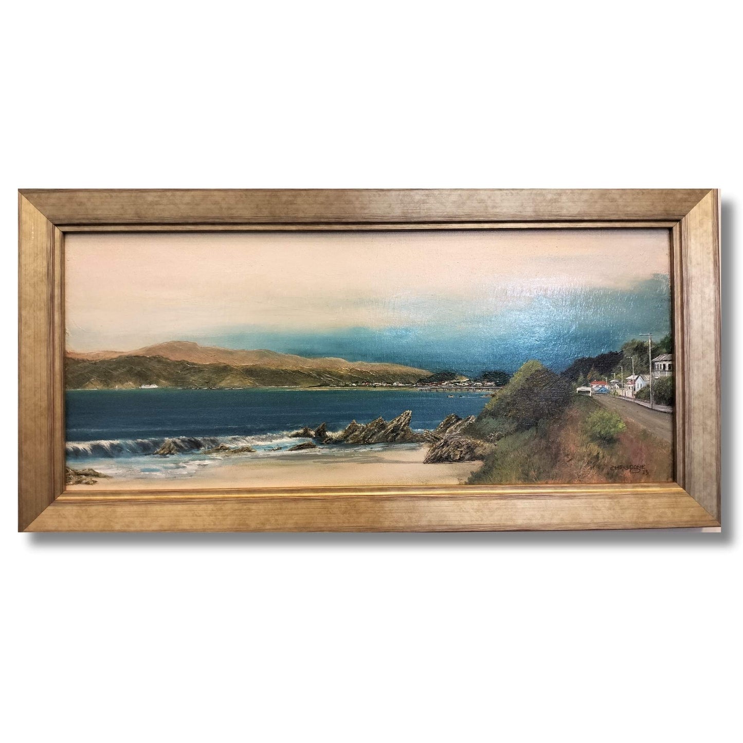 Panoramic oil painting of Seatoun coastal landscape with blue ocean, rocky shore and soft pink sky in gold frame