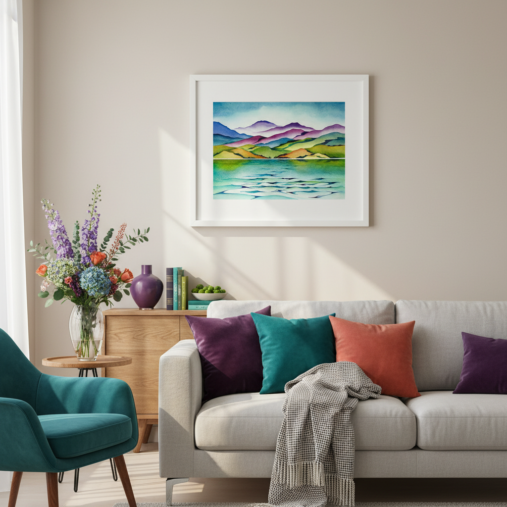 Shades of Autumn watercolour by Raewyn Harris with coordinating purple and teal decor