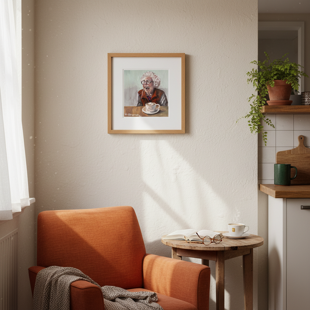 Wendy Shipman's She Who Laughs gouache painting in a timber frame hanging in a warm, cosy New Zealand home interior