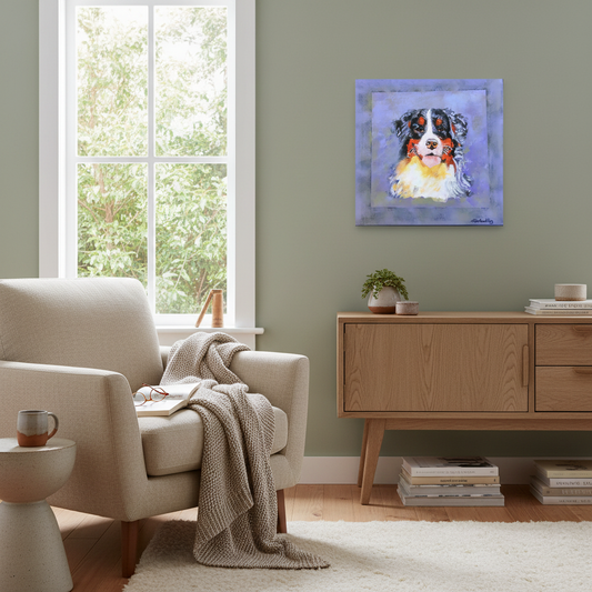 Small Bernese Mountain Dog portrait in a contemporary New Zealand home