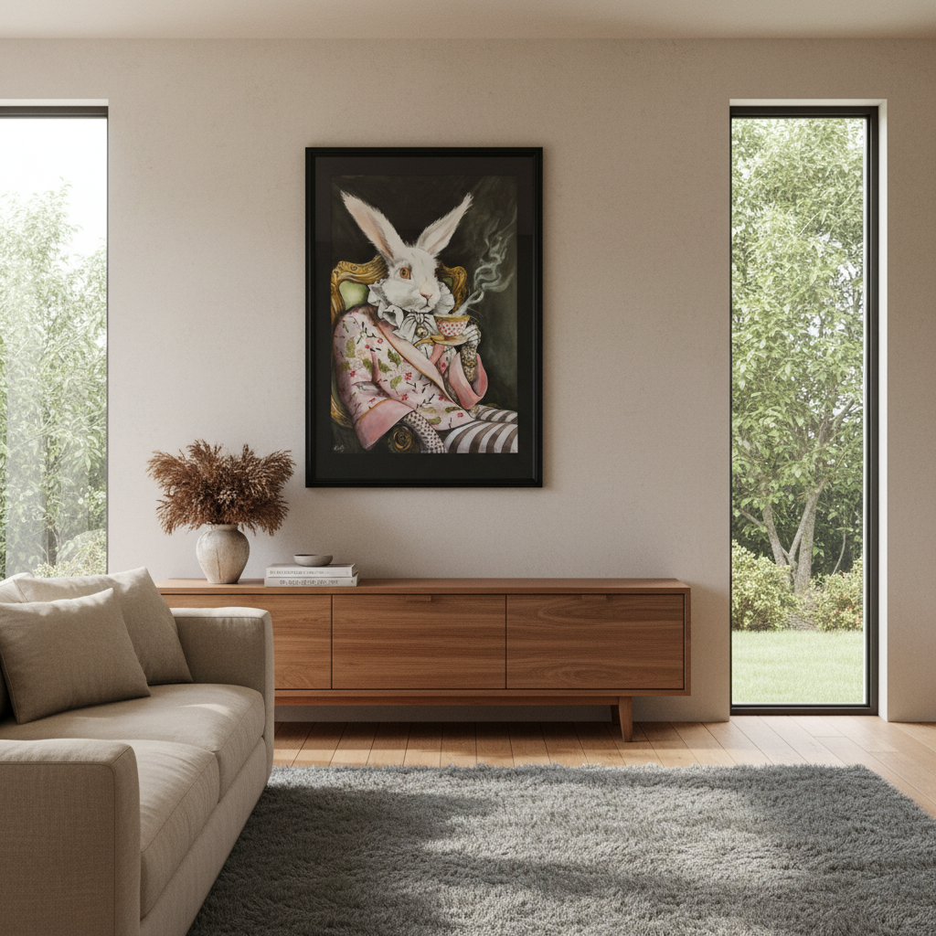 Smoking Hot framed white rabbit painting in a contemporary New Zealand home