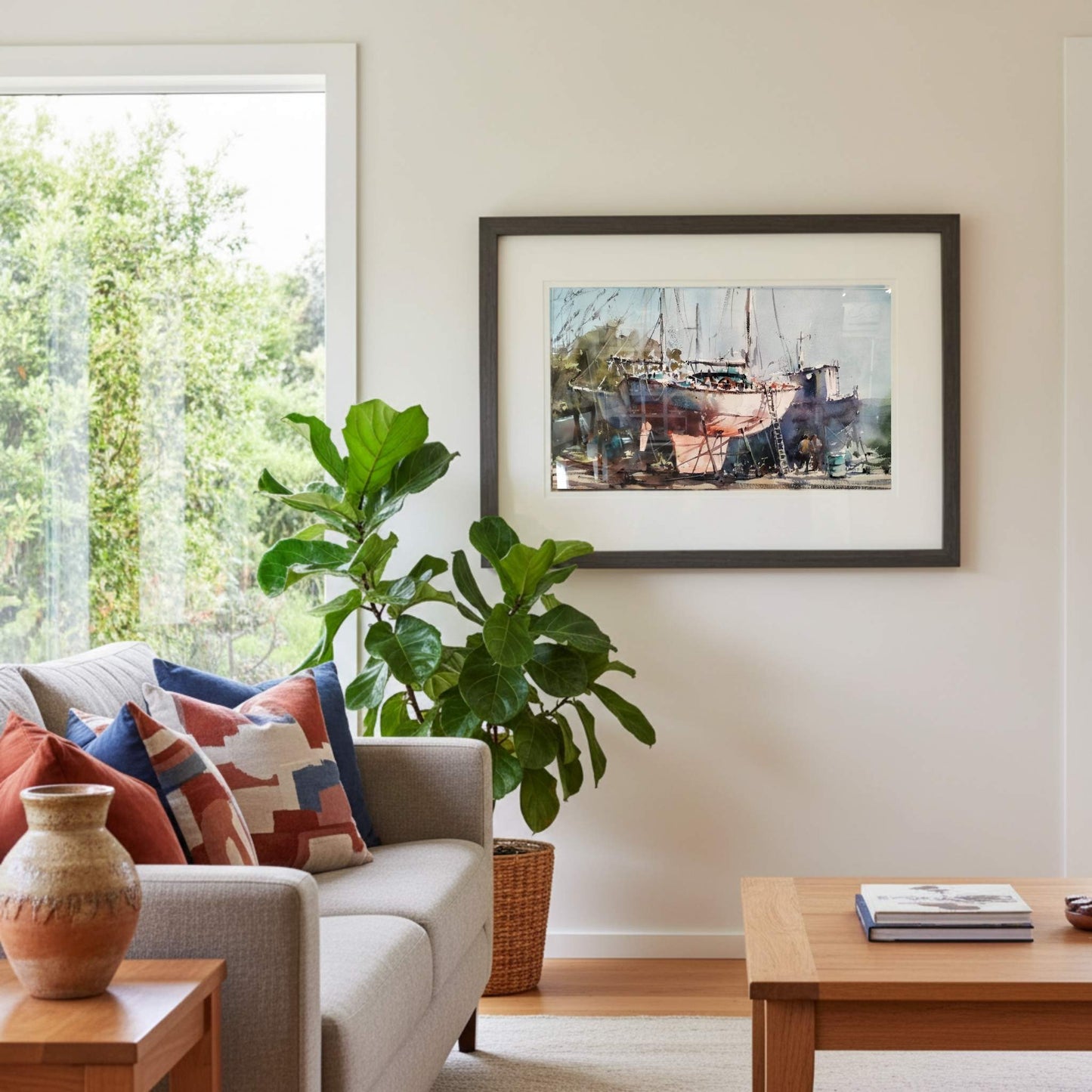 Living room with a framed picture of a watercolour painting of a boat by artist Jacky Pearson, a plant, and a sofa with colorful pillows.