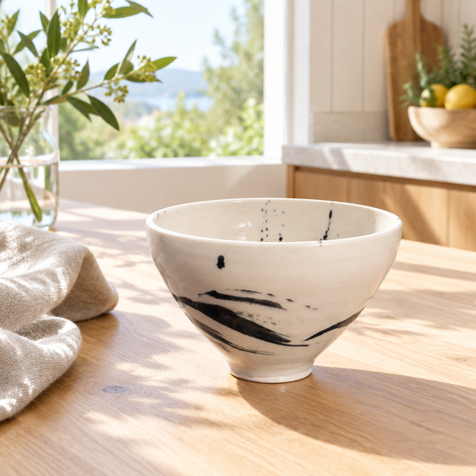 Splattered Bowl #225 by Lyn Rigg in a bright kitchen