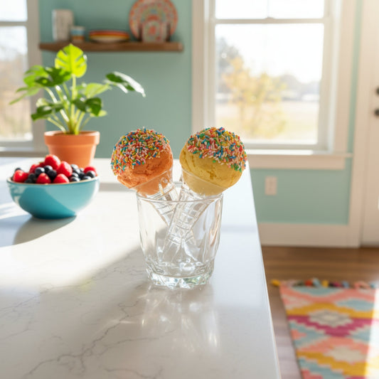 Two Acrylic sprinkle ice creams in a glass on a countertop in a home mock up