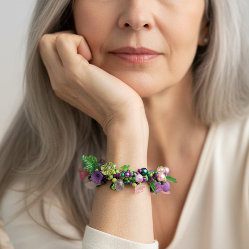 Square jewelry photography of woman wearing Judith Bradley purple and pink beaded bracelet