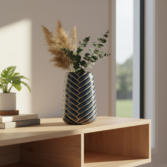 Striped ceramic vase by Karene Fairey styled on console table in modern home with natural light