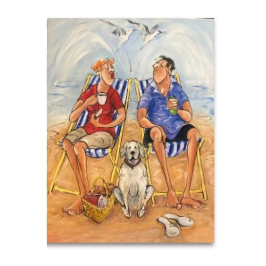 Original acrylic painting titled Summertime by Chloe King, depicting a man and woman on striped deck chairs at the beach with their dog and picnic basket.