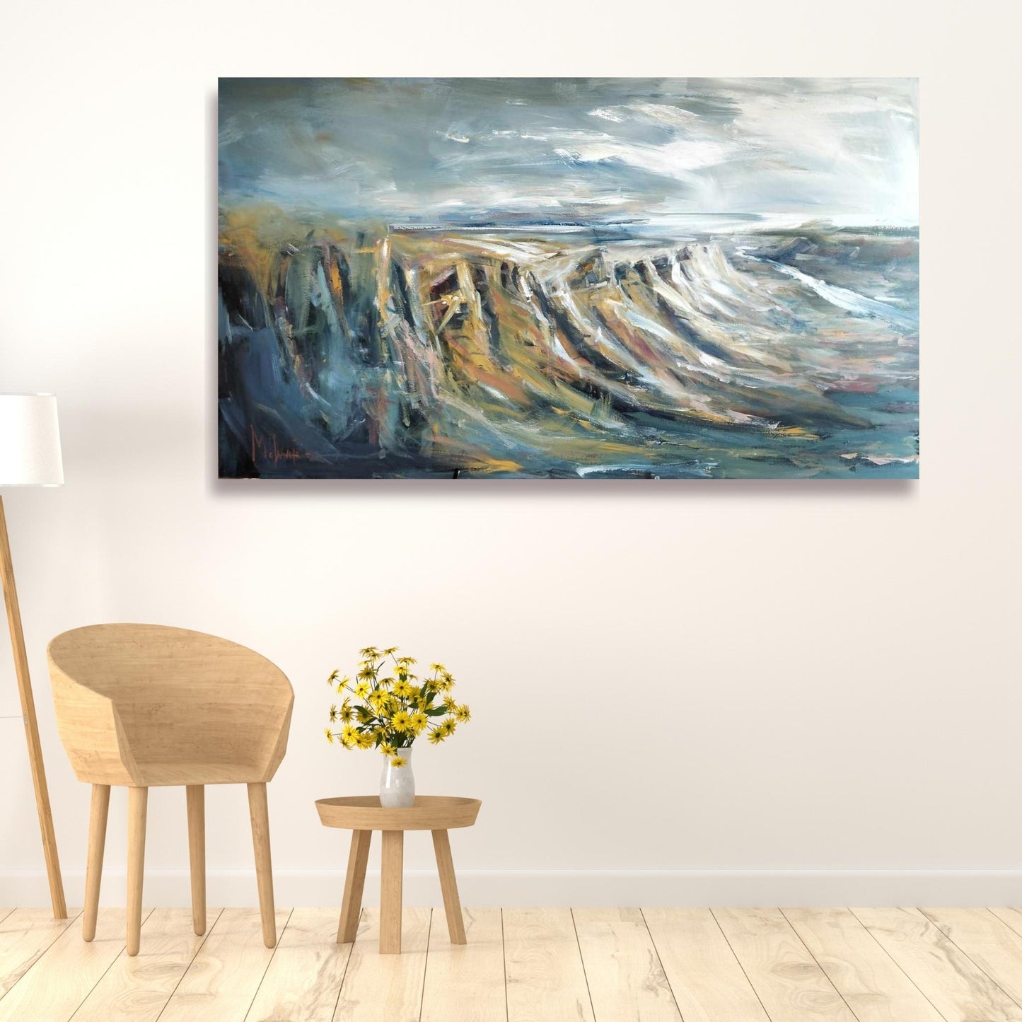 Summit, Te Mata artwork by Maree White shown in a home interior, capturing the atmospheric hills of Te Mata Peak in a bold, abstract style.