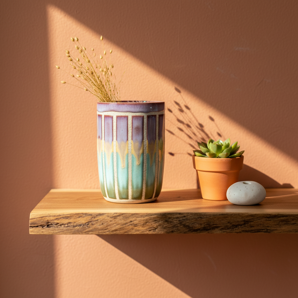 Handmade ceramic vase with purple, gold, and aqua dripping glazes and carved vertical lines by Karene Fairey