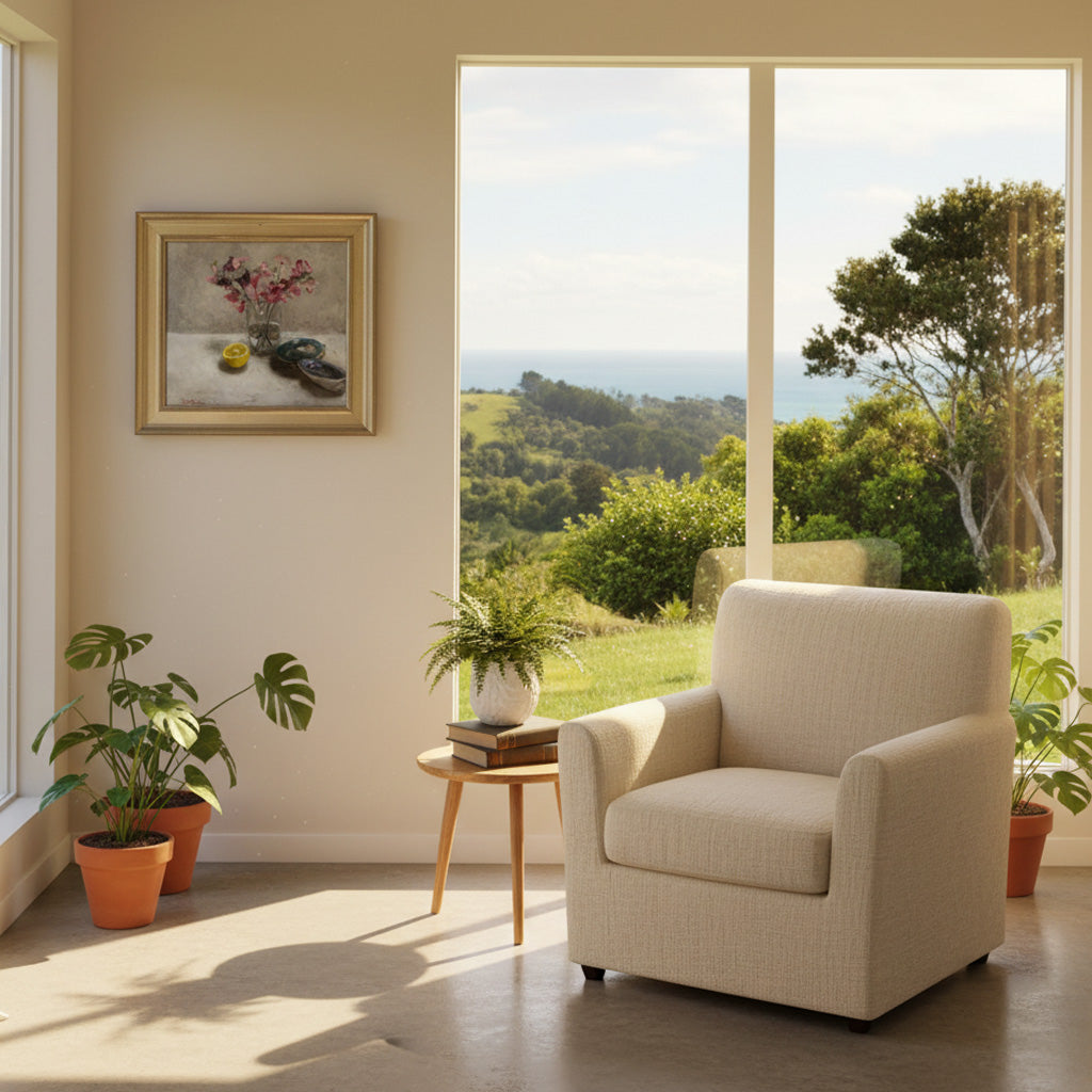 Sweet-Pea and Paua still life painting displayed in peaceful sunroom with natural light and garden views, showing how calming art creates serene sanctuary spaces in real homes