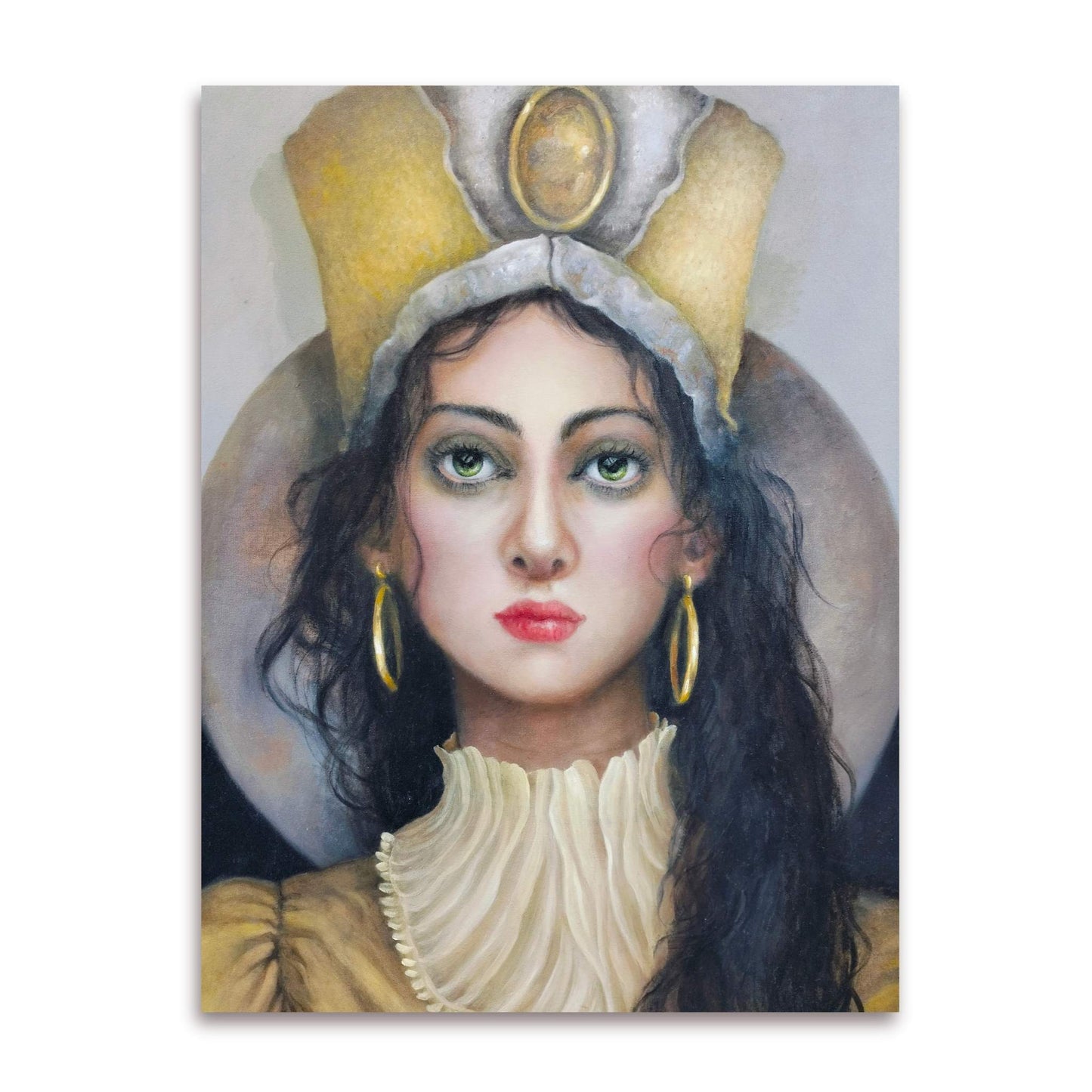 Luna portrait painting by Teri Parat showing a woman with dark hair, gold and yellow tones, and a full moon behind her on white background