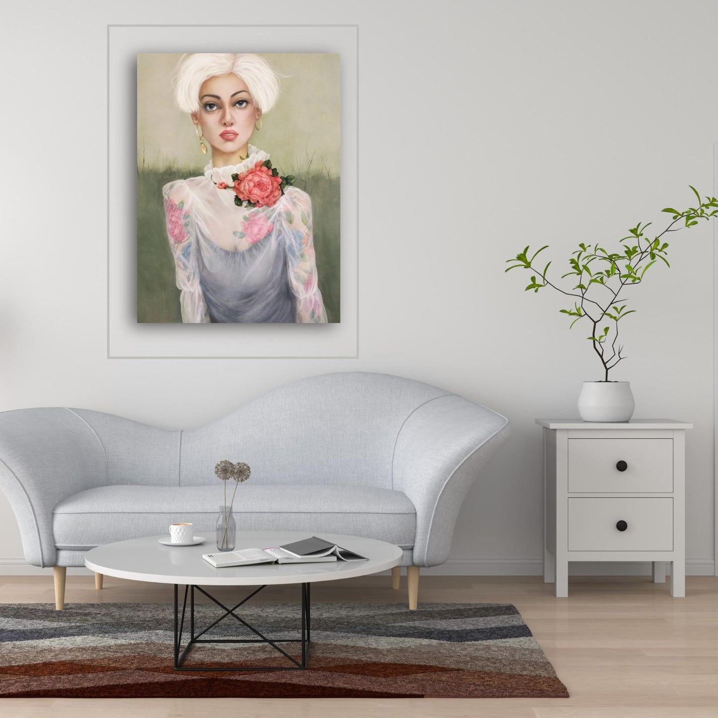 Rosietta painting by Teri Parat displayed in a modern room, featuring an intricate portrait of a woman with white hair and delicate tattoos