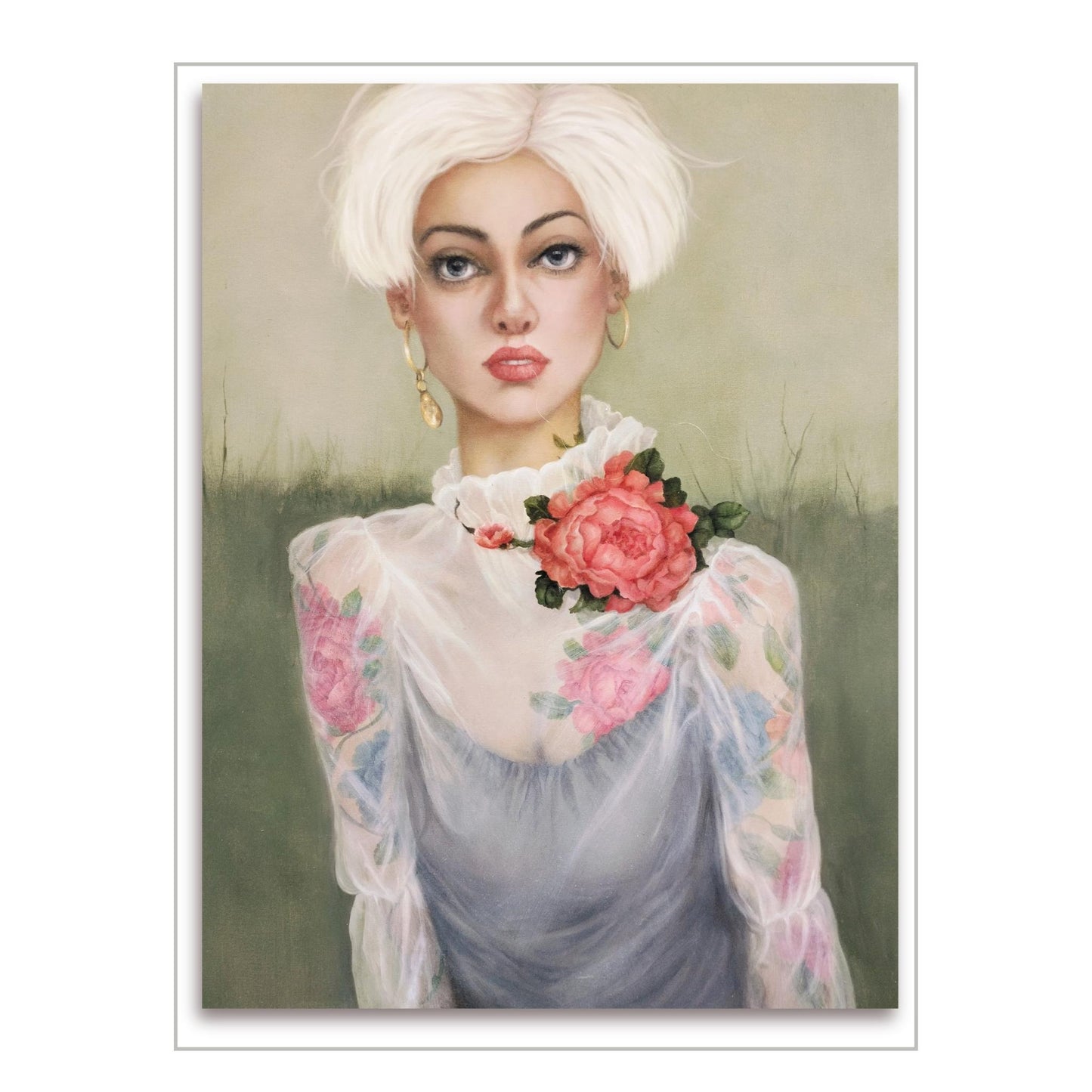 Rosietta portrait painting by Teri Parat showing a woman with white hair, a rose on her shoulder, and tattooed flowers beneath a sheer blouse on white background