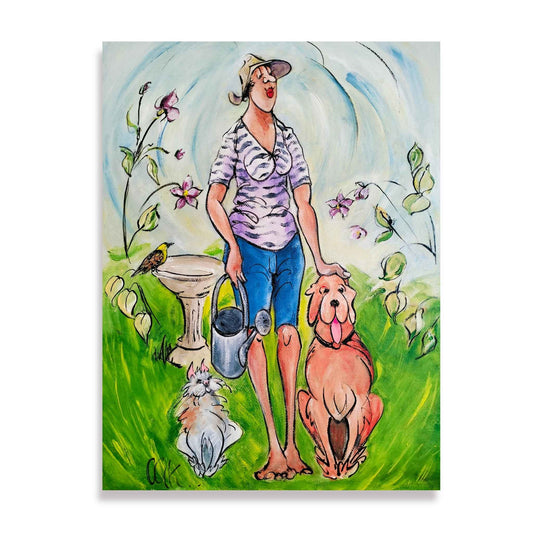 Painting  by Chloe King of a lady in the garden with her cat, dog and a bird on the birdbath in a character  style on a white background