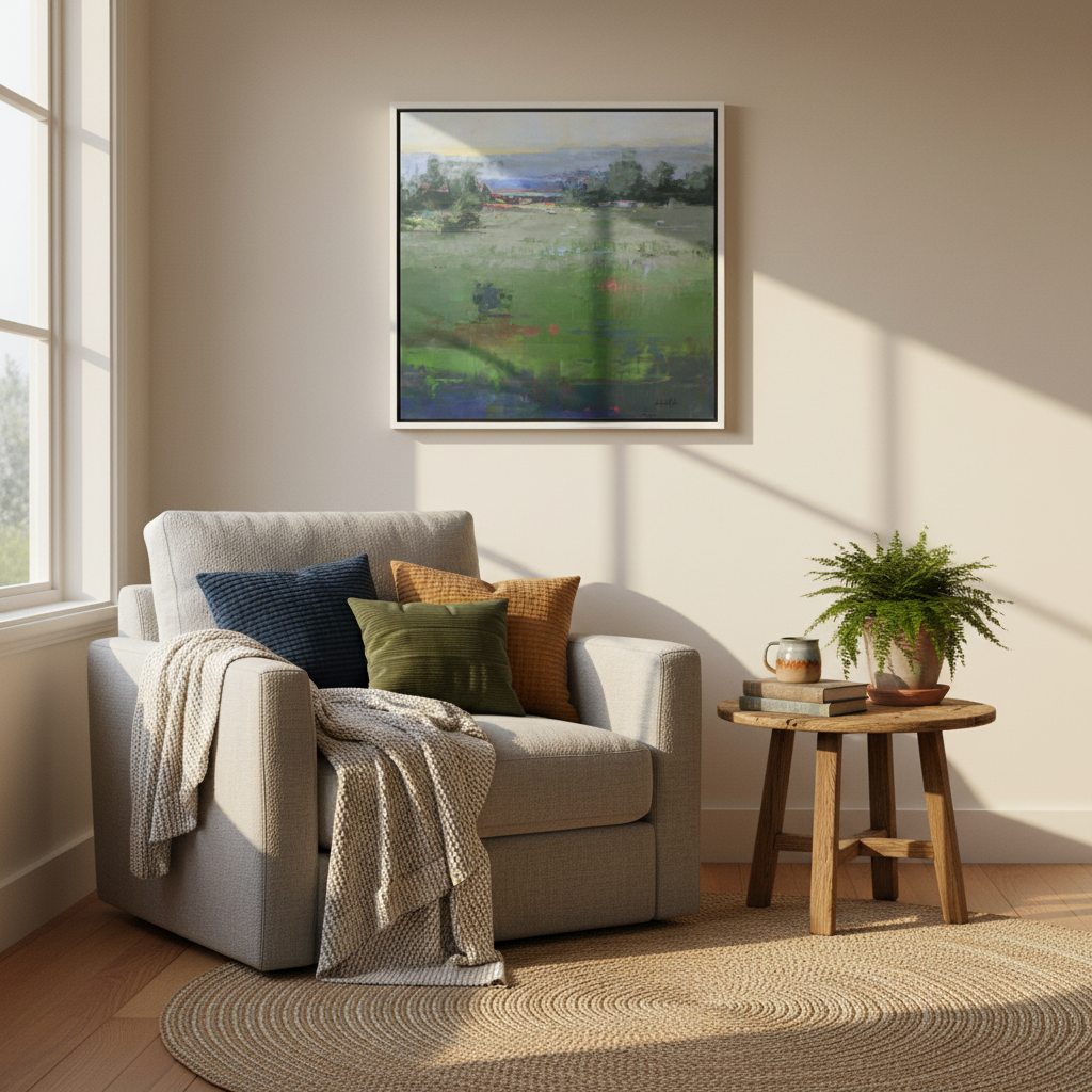 The Peace of the Pastures rural landscape painting by Nicholas Hayter displayed in a warm home setting, bringing countryside tranquility to the space