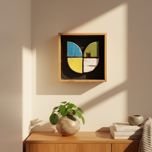 Tiny Tulip by Lee Pritchard displayed in a contemporary NZ home interior, small square reclaimed wood wall art