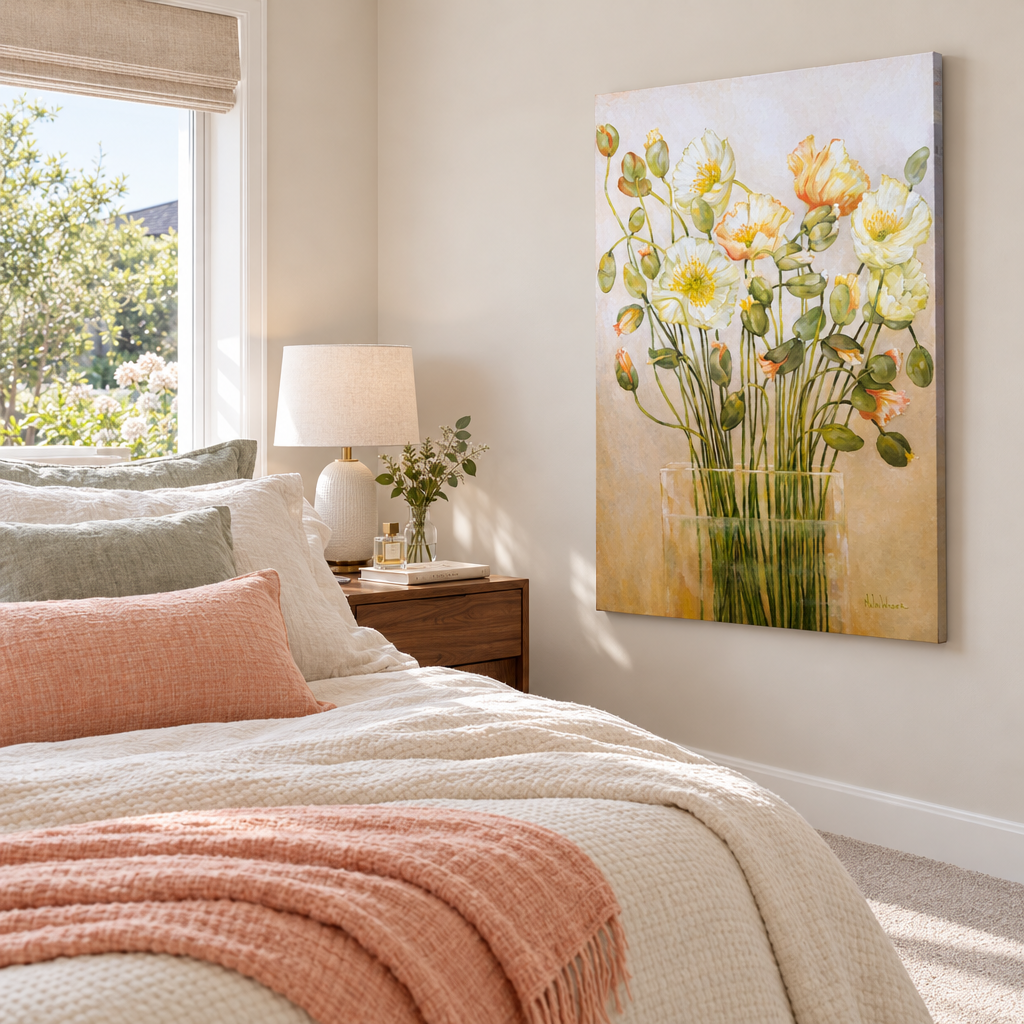 Unfolding by Nola Weber in a light-filled bedroom with peach and sage accents