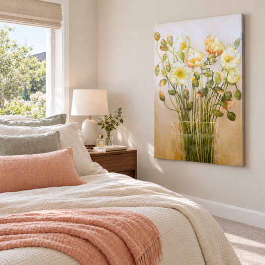 Unfolding by Nola Weber in a light-filled bedroom with peach and sage accents