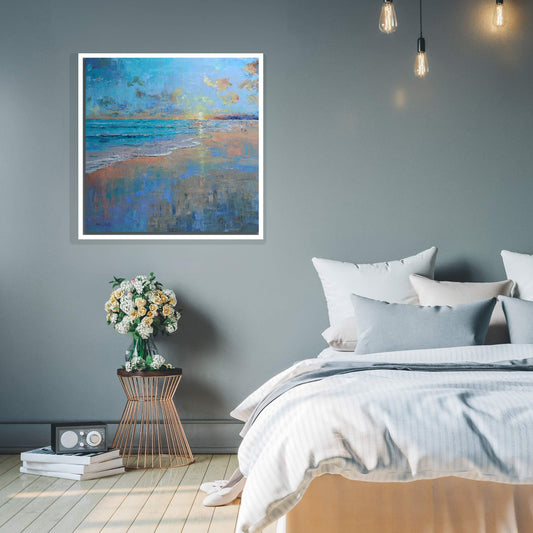 Nicholas Hayter oil painting titled Unwind, featuring a soft seascape with horizon sunrise or sunset, foamy tide, and painterly wet sand in calming tones in lifestyle mock up