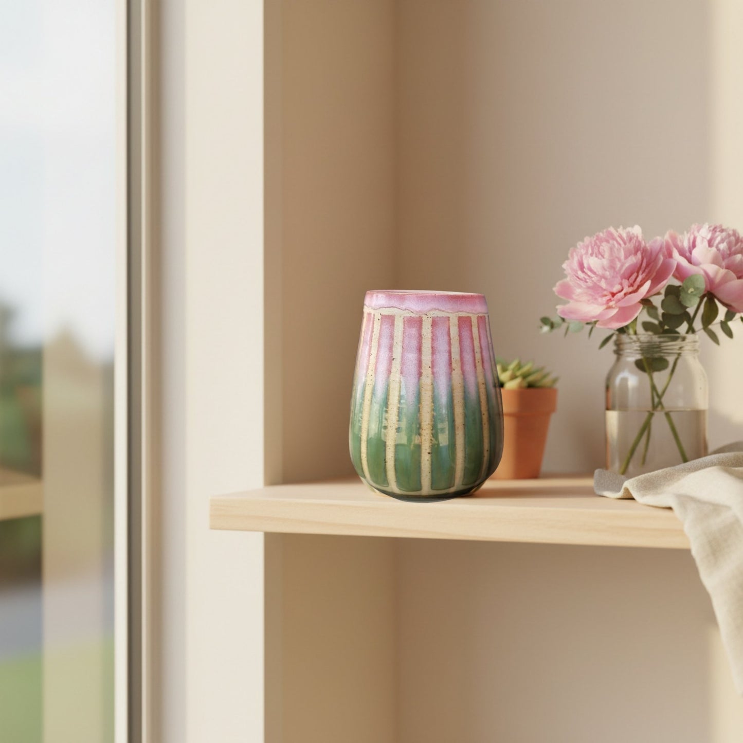 Sunset Garden Vase with pink and green ridged glazes by Karene Fairey styled on wooden surface with natural light
