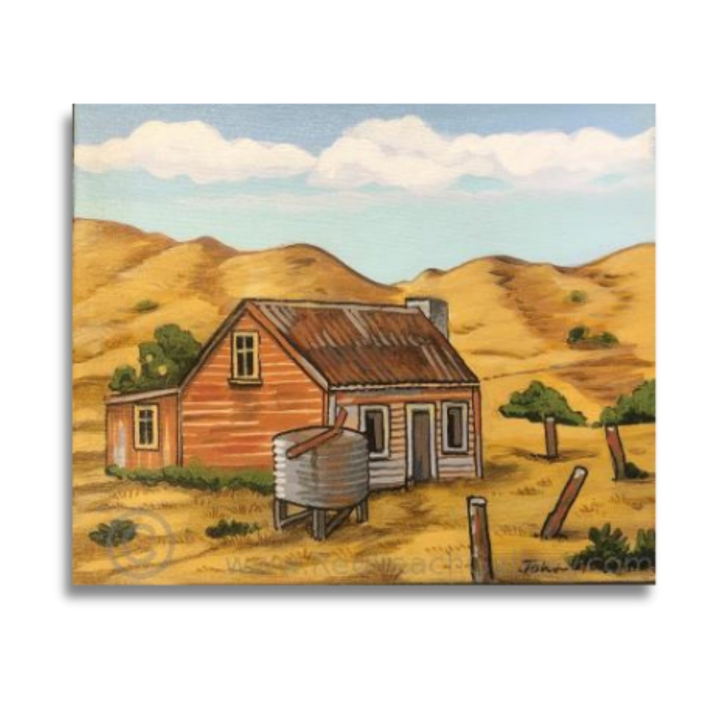 Water Tank by John Staniford – acrylic painting reflecting New Zealand rural life with warm tones and bold outlines.