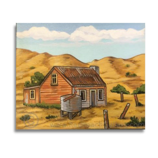 Water Tank by John Staniford – acrylic painting reflecting New Zealand rural life with warm tones and bold outlines.