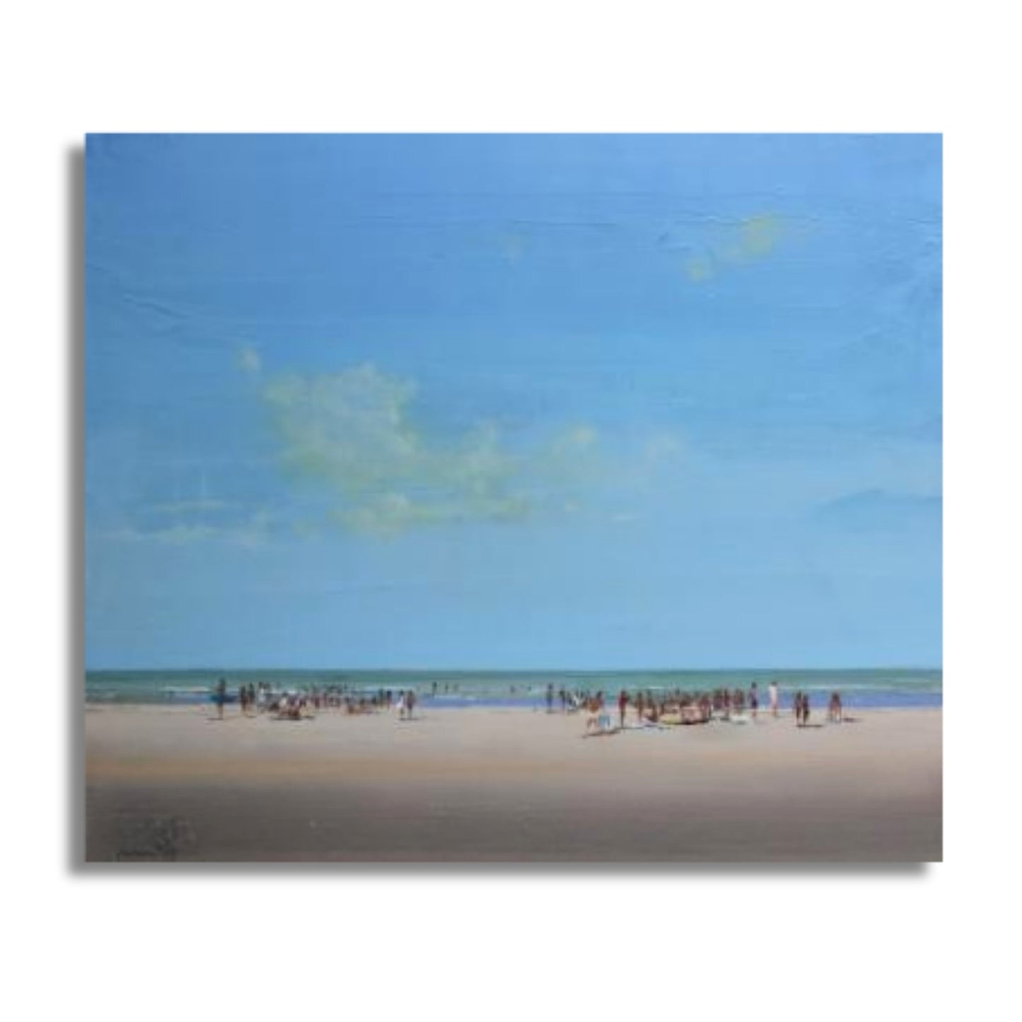 Nicholas Hayter beach painting with summer sky, sand and people enjoying a holiday on white background.