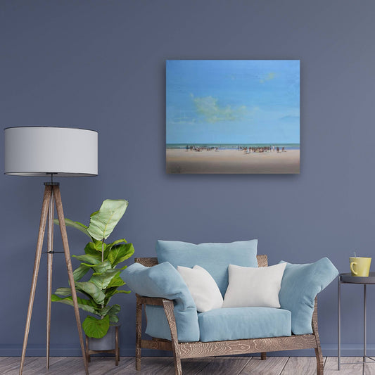 Impressionist New Zealand beach artwork with people enjoying the beach, big blue sky in a lifestyle mockup