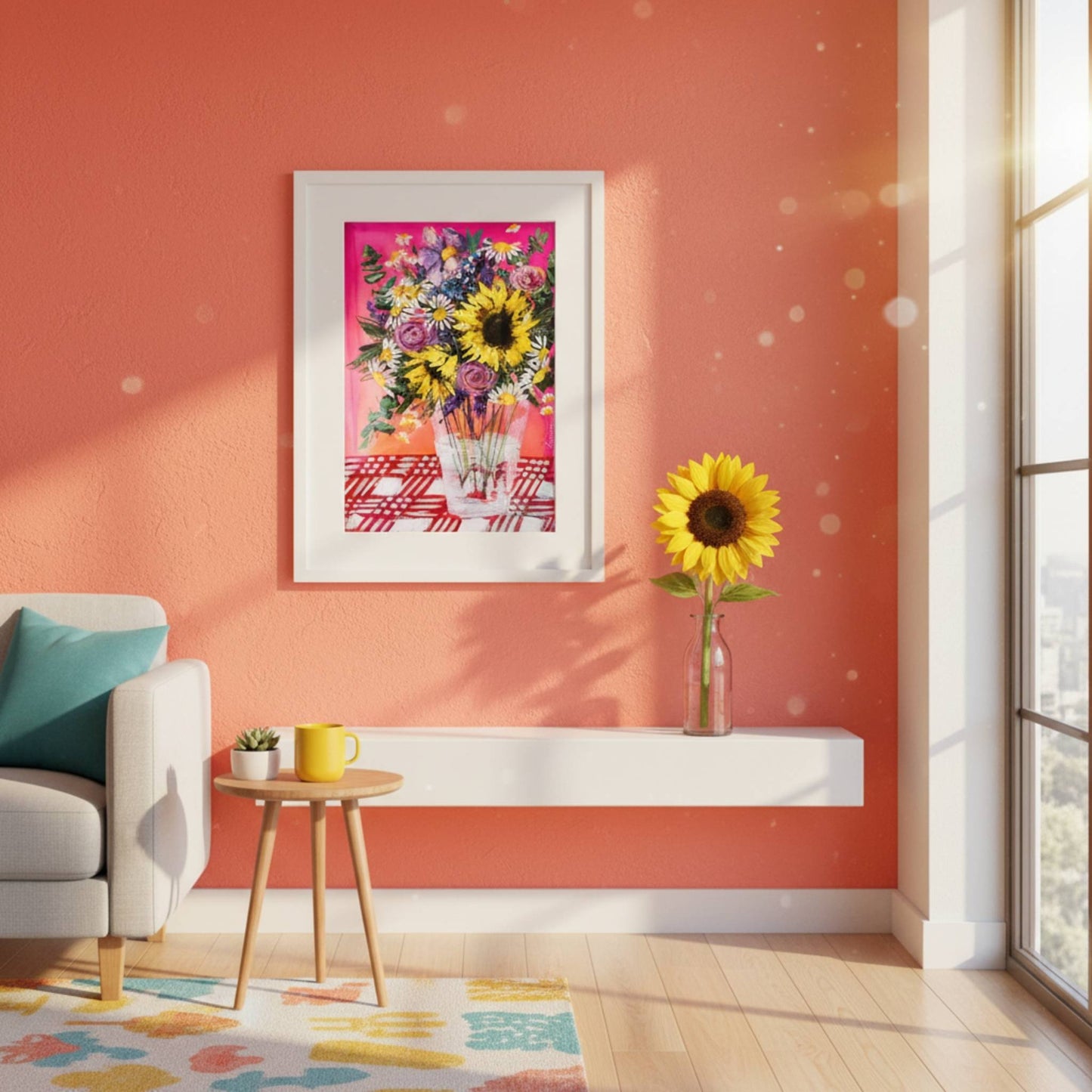 What Sunflowers Do sunflower painting displayed in bright modern interior with fresh sunflower in vase, showing how bold floral art brings joyful energy to real home spaces