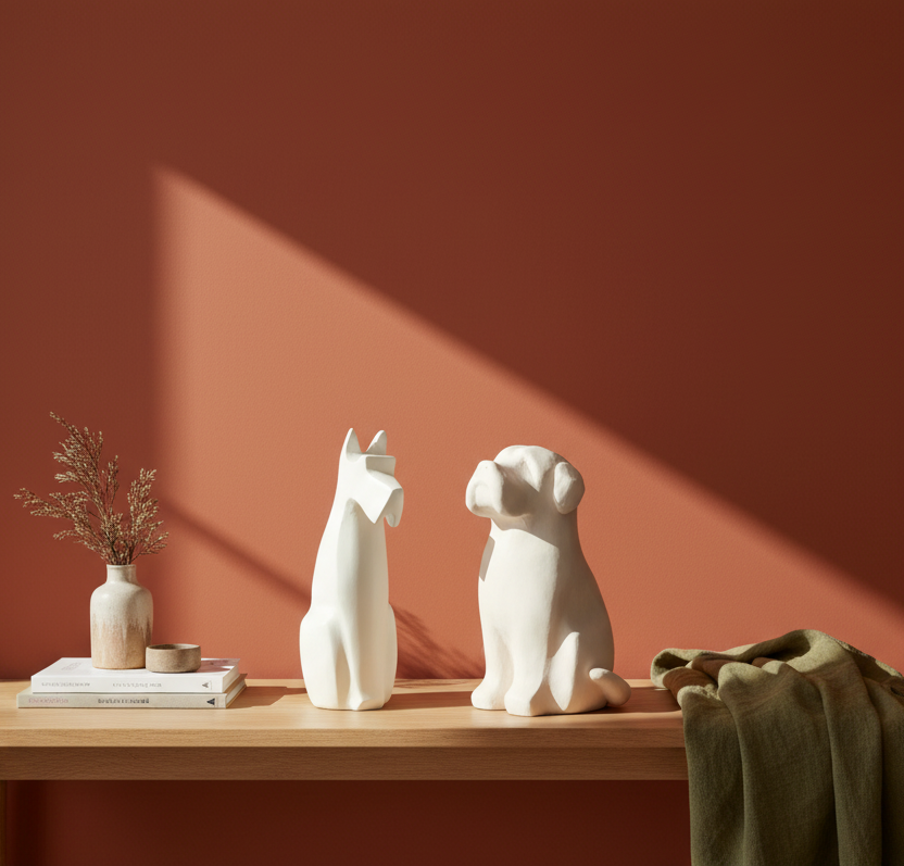 White earthenware dog sculptures B and C in home setting