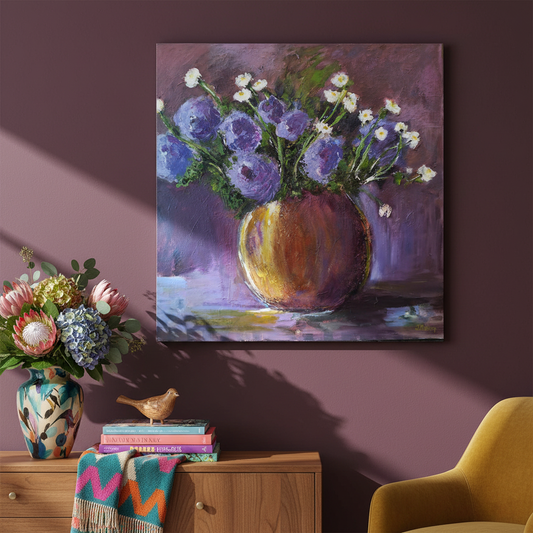 Wild Things floral painting by Jenny Bishop showing purple flowers and white daisies in golden vase with loose expressive brushstrokes
