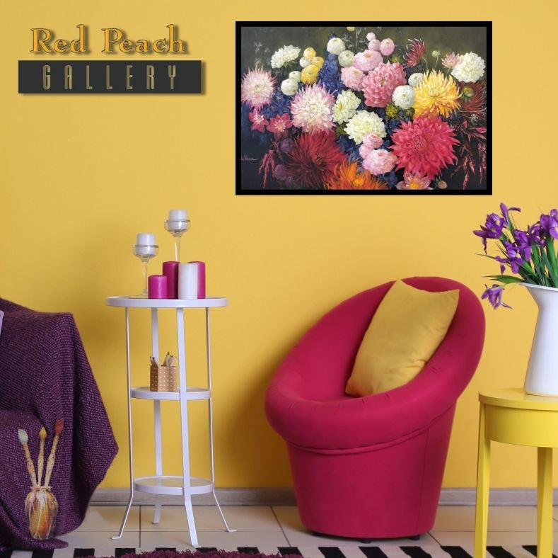 Painting of flowers by Nola Weber on a yellow mock up wall, red chair and accessories