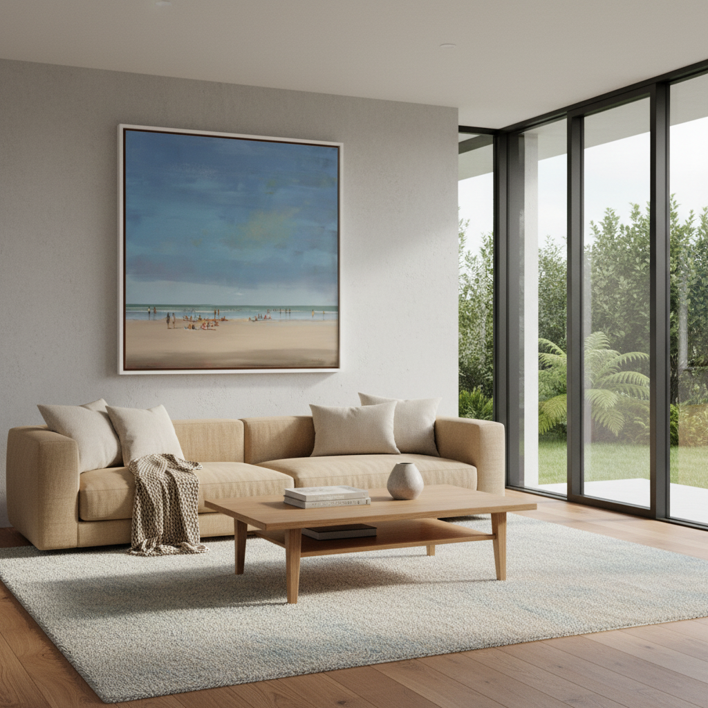 Nicholas Hayter oil painting titled Unwind, featuring a soft seascape with horizon sunris