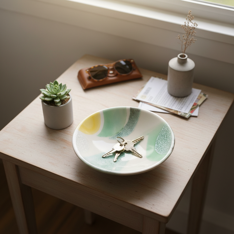 Three colourful ceramic ladies by artist Mandy Olson on white background