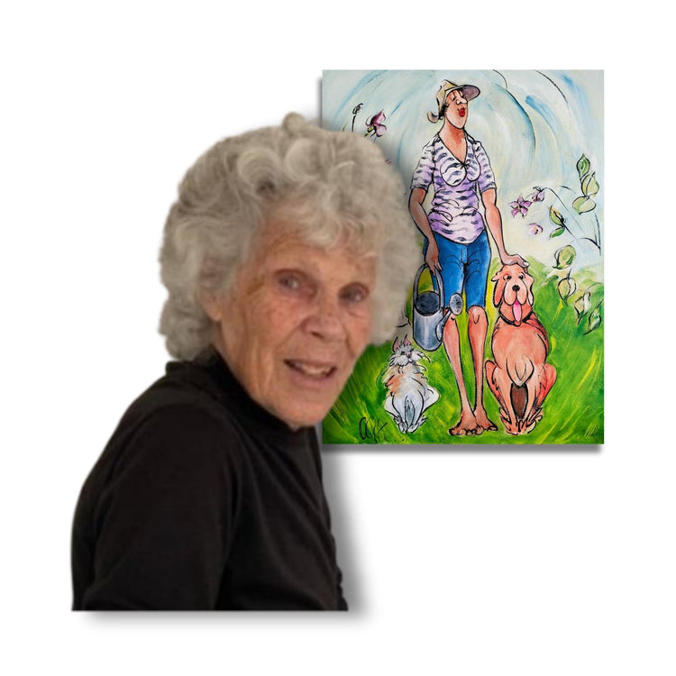 Artist Chloe King standing in front of her painting of the gardener with her dog, cat and garden