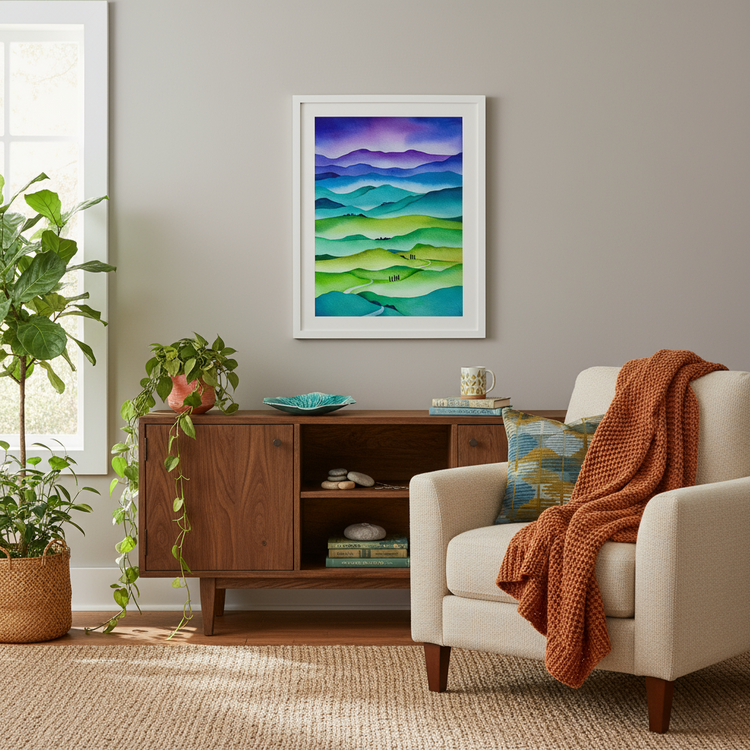 Home mock up with a watercolour by Raewyn Harris 