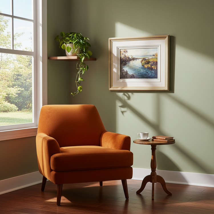 Painting of Waitahunui River by Ion Brown in a mock up lounge setting