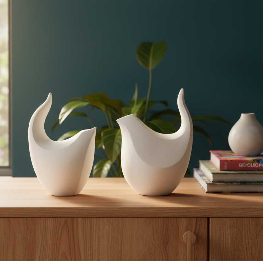 White Earthenware Clay sculptured bird by artist Louise Sweetapple in a home setting