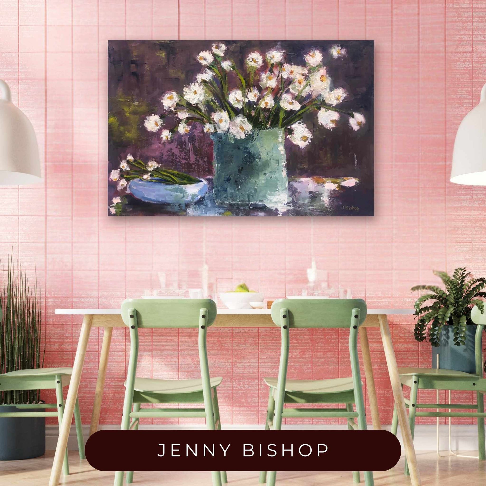 Simply White by Jenny Bishop displayed in a home interior — floral oil painting adding calm, elegance, and soulful beauty to the space