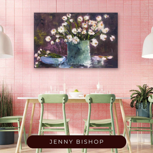 Simply White by Jenny Bishop displayed in a home interior — floral oil painting adding calm, elegance, and soulful beauty to the space