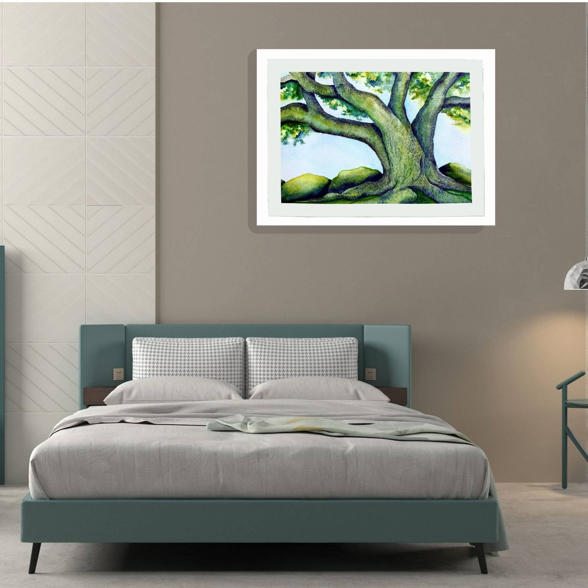 Framed seascape watercolour painting by Raewyn Harris titled "Let’s Just Go With the Flow" in swirling blues with soft horizon tones.