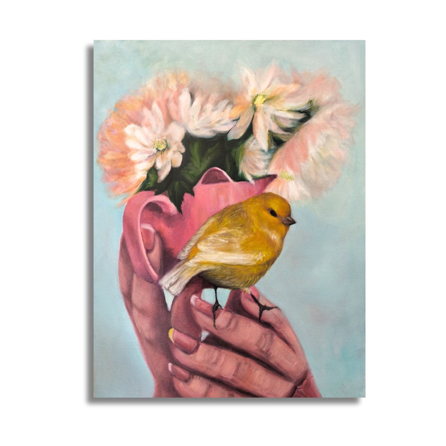 Artistic depiction of a hand holding a pink vase with flowers and a yellow bird.