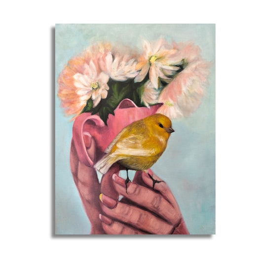 Artistic depiction of a hand holding a pink vase with flowers and a yellow bird.