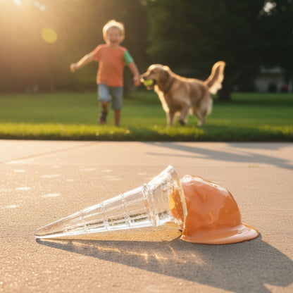 Acrylic oophs art ice-cream on the ground with dog and child playing in the background