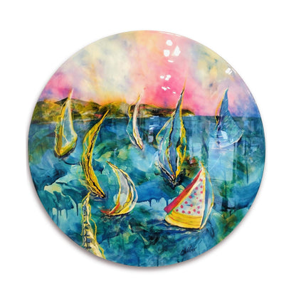 Sunday Regatta” by Clare Wilcox – A bold, round acrylic and resin painting featuring vibrant sailing boats on water. Contemporary New Zealand art.