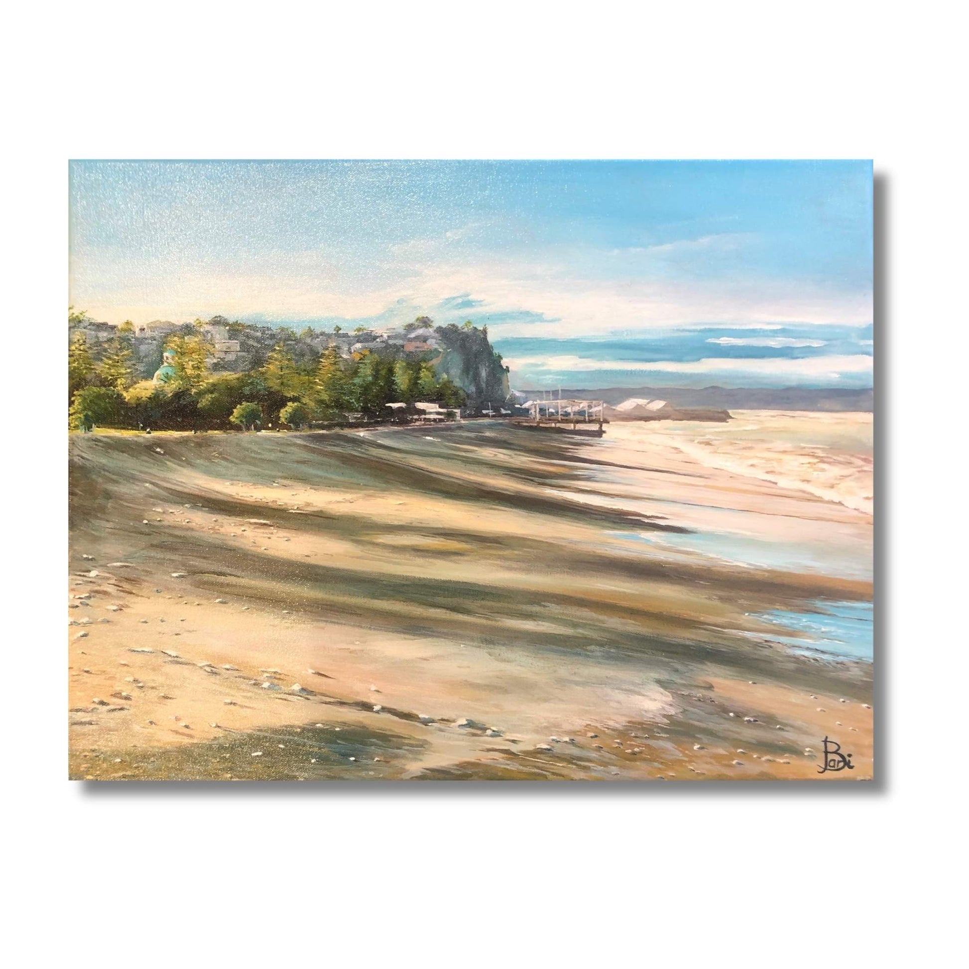 Painting of  Napier a coastal town with a beach and buildings.