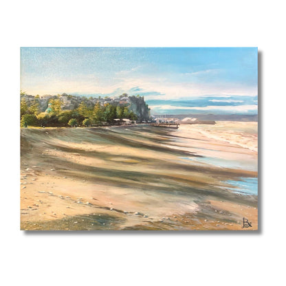Painting of  Napier a coastal town with a beach and buildings.