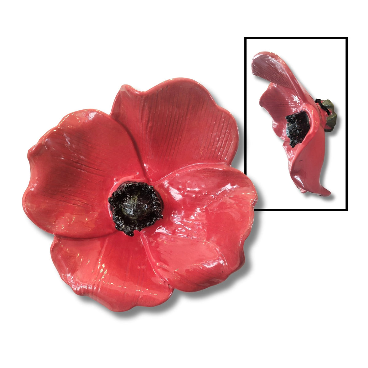 Red ceramic wall poppy by artist Teresa Corbishley on white background