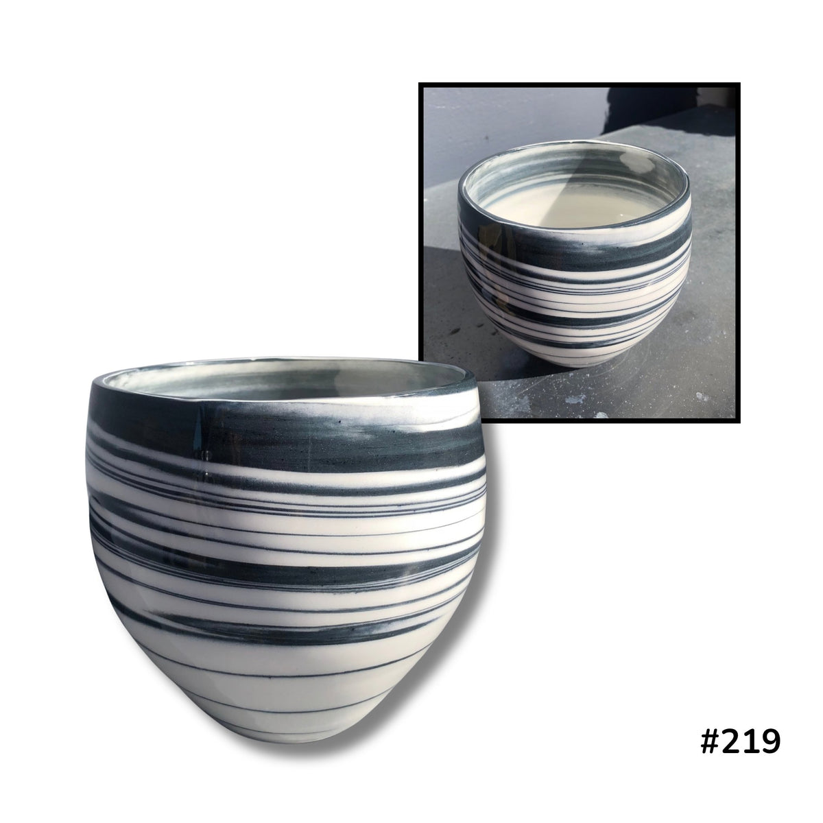 Medium Agate Bowl #219 by Lyn Rigg, a rounded porcelain bowl with fine dark lines and broad black bands against creamy white clay, shown from two angles.
